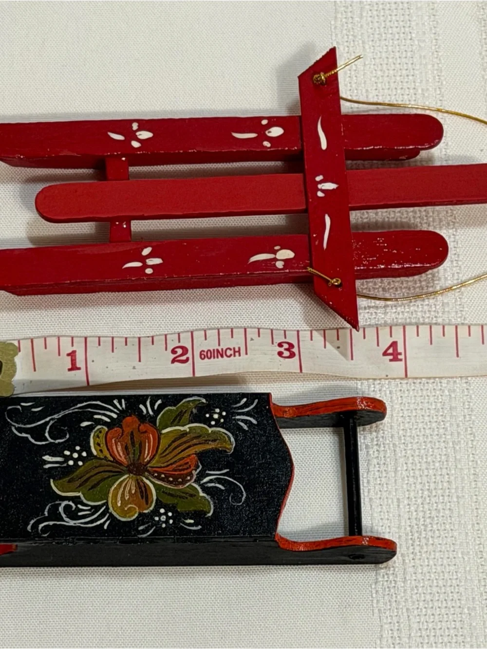 2 Wood Sleigh Sled Primitive Vtg Folk Art Rosemaling Ornaments Dollhouse